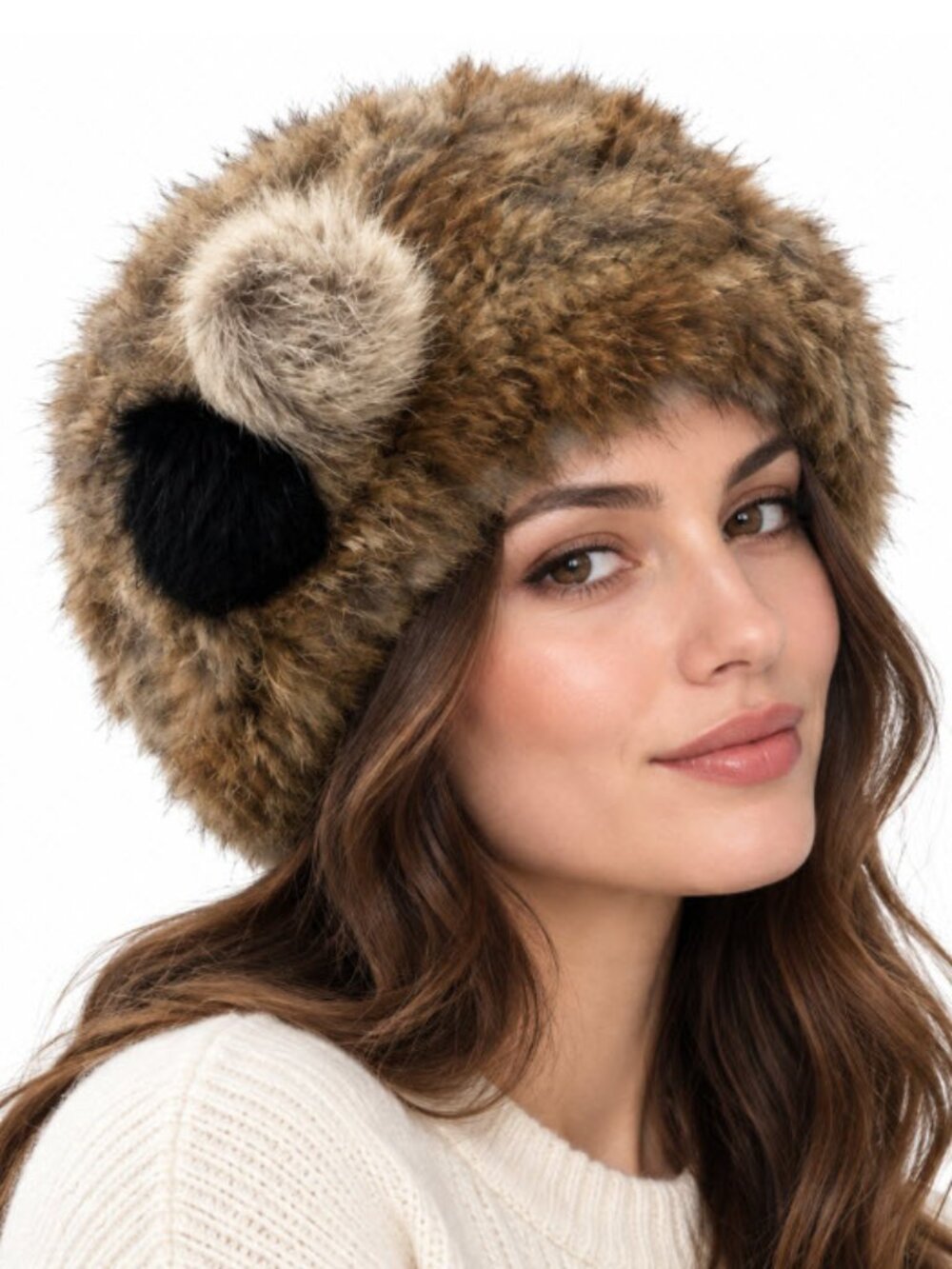 Brown Natural Fur Pom Pom Beanie Hat Winter Mob Wife OS Tan Black